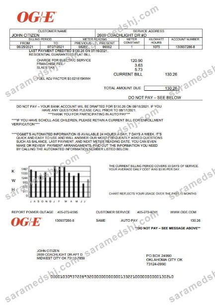 USA Oklahoma OGE Energy utility bill template in Word and PDF